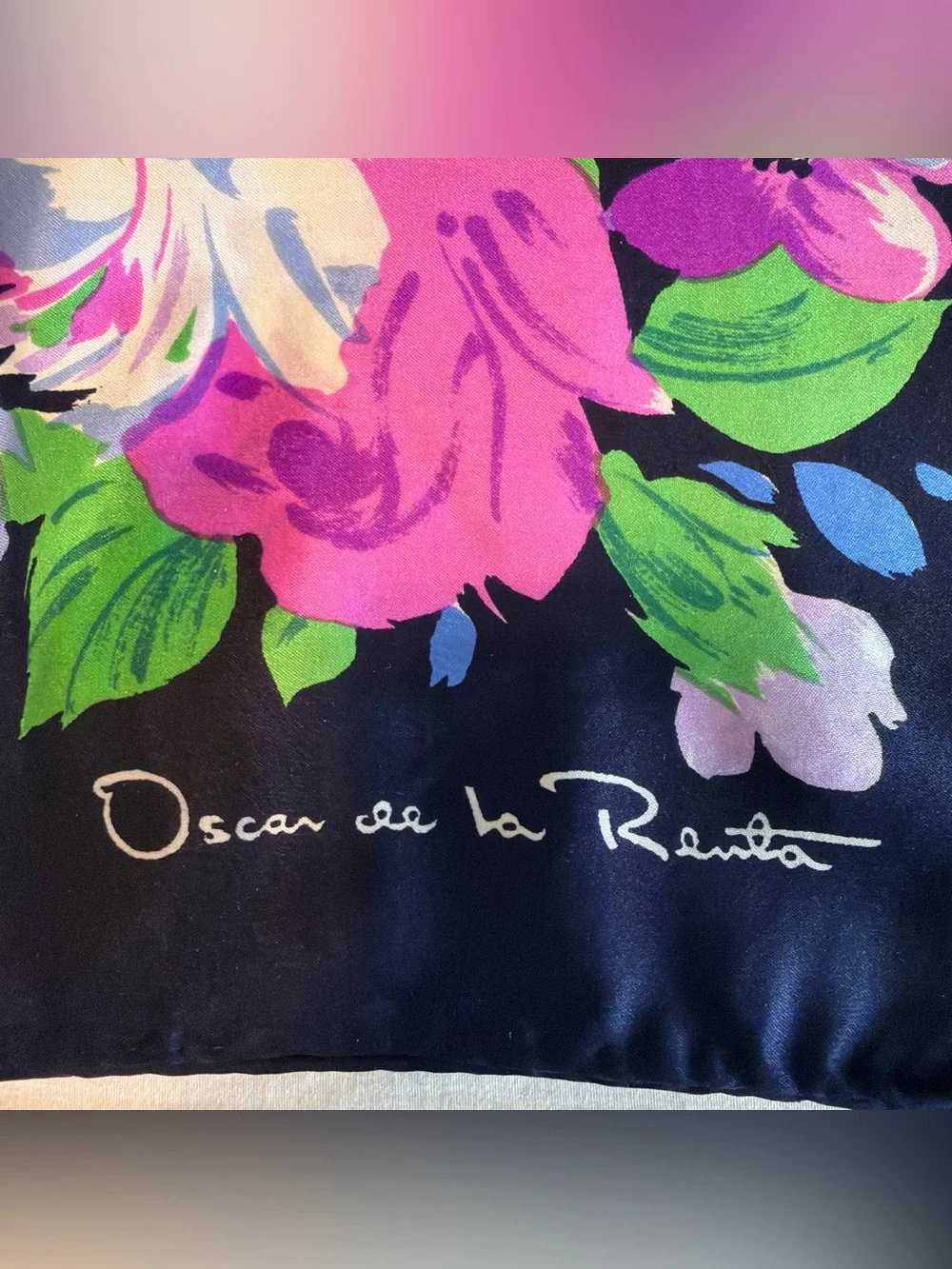 Oscar de la Renta Navy Floral Silk Scarf - Purple & Pink Blooms